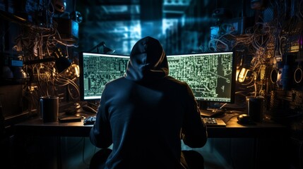 Fototapeta premium A hacker with hood working on a computer at a desk