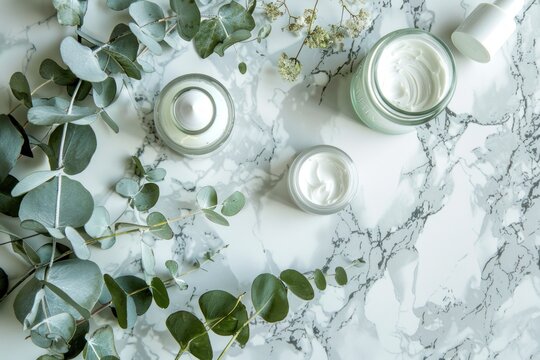 Top view vertical photo of glass bottles with natural cosmetics jar with cream and vase © sambath