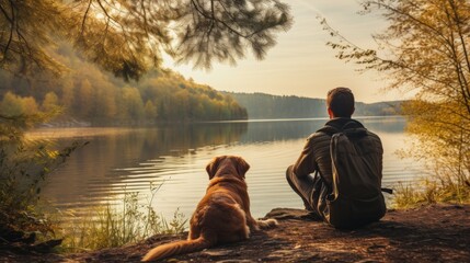 A man sits next to a dog looking at the beautiful lake - obrazy, fototapety, plakaty