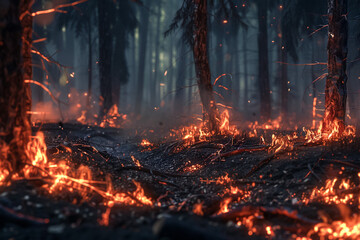 Burning forest, trees ablaze in the night, nature's fiery fury - obrazy, fototapety, plakaty