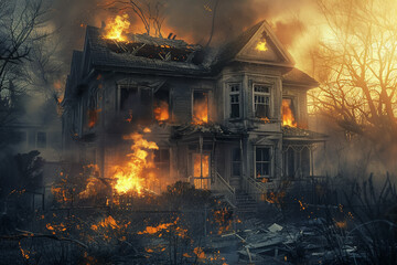 Obraz premium Burning building, flames consuming the structure, fire hazard, emergency evacuation.