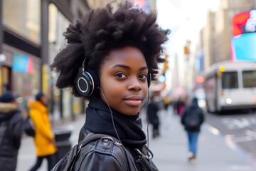 a young african girl with afro hair and wireless headphones listening to music on the streets