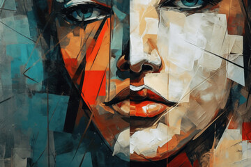 Vibrant abstract portrait painting with bold strokes and striking colors