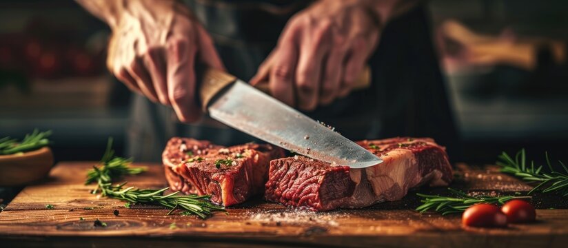 A vintage butcher is using a cleaver to cut raw Black Angus tomahawk steaks on a wooden cutting board.