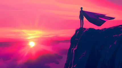 Photo sur Plexiglas Rose  woman in long cape standing at mountain looking at Mountain landscape