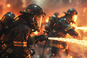 Firefighters battle bushfire, extinguishing flames, heroic efforts in the woods. - obrazy, fototapety, plakaty