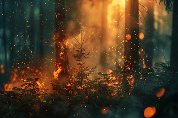 Fire consumes the woods, burning forest at night, trees engulfed - obrazy, fototapety, plakaty
