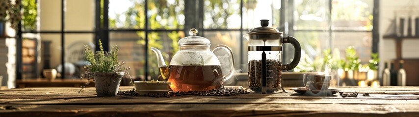 A rustic wooden table adorned with a vintage teapot filled with steaming loose leaf tea, flanked by a classic French press holding rich, dark coffee. 