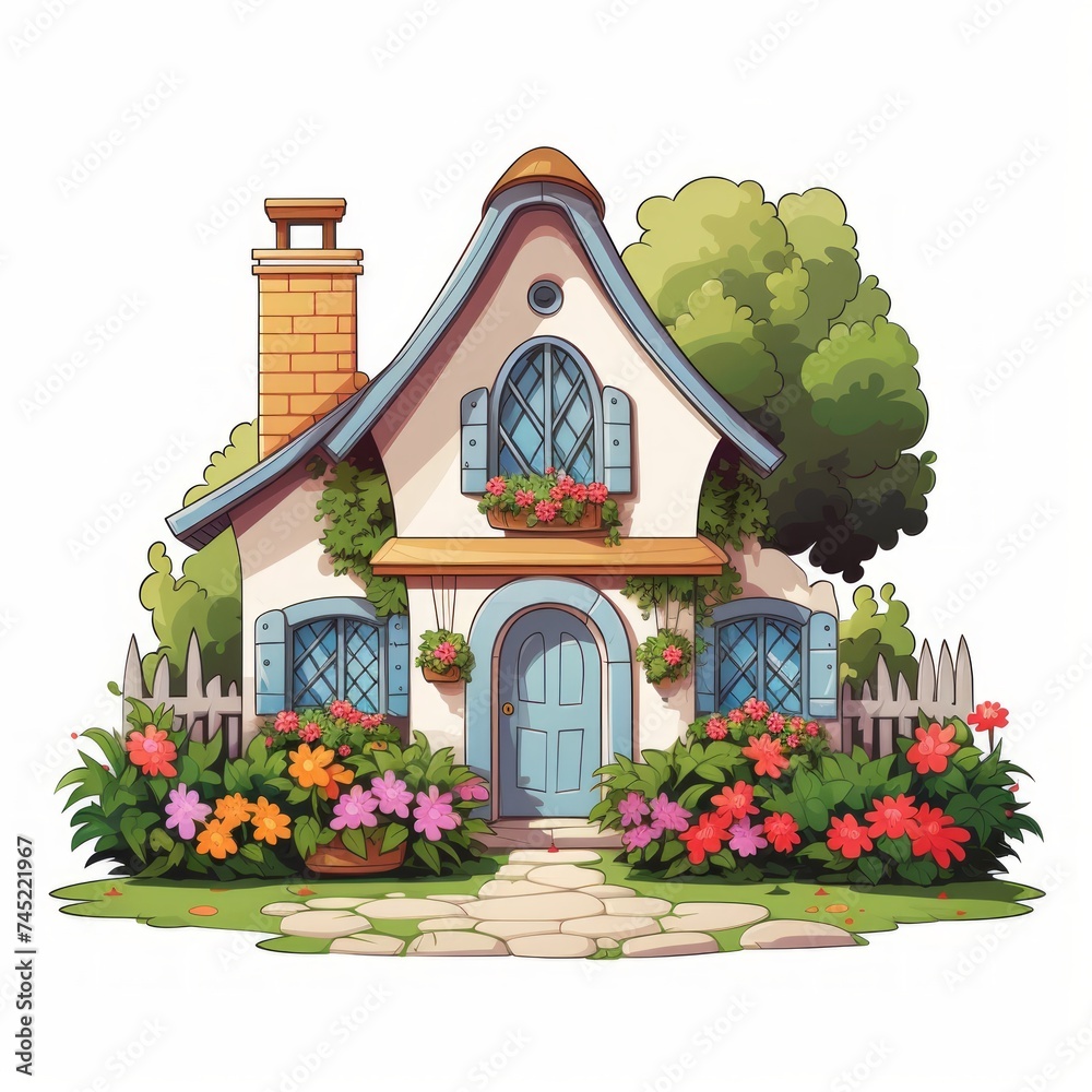 Poster generative ai a delightful miniature house with vibrant shutters and a well-kept garden path.