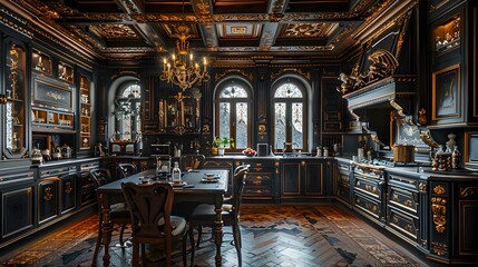 Fototapeta na wymiar black kitchen design in Art Nouveau style 