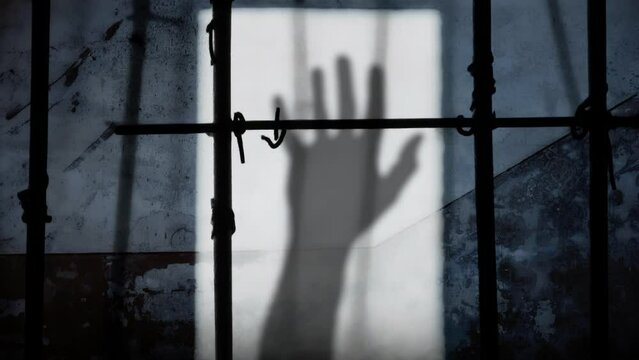 A silhouette of a man's hand appears, its open palm gesturing for help, pleading to stop. In a bleak prison, trapped behind broken bars, projected onto a weathered wall.
