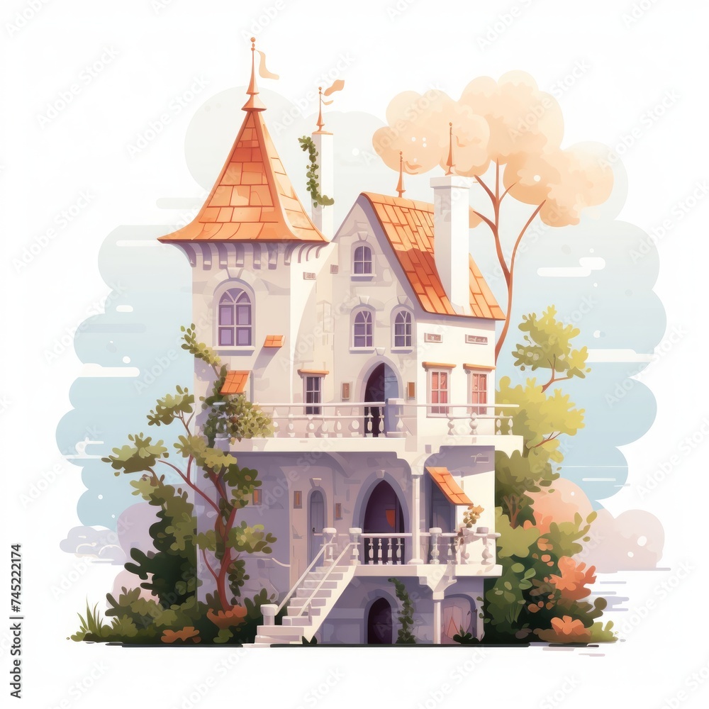 Poster Generative AI A fairytale abode with a tiny balcony and a white exterior glowing in soft sunlight.