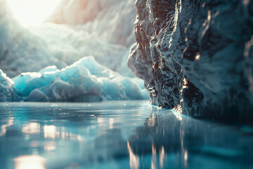 Glacier meltdown, polar environment, ice destruction, climate shift.