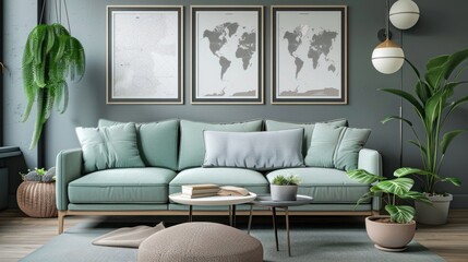 Free photo stylish living room with design mint sofa furniture mock up poster map plants and elegant