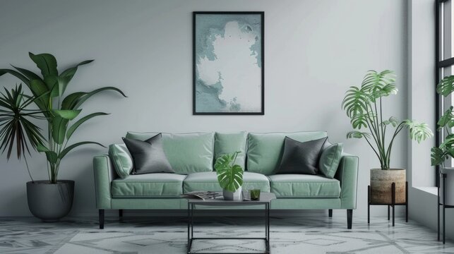 Free photo stylish living room with design mint sofa furniture mock up poster map plants and elegant