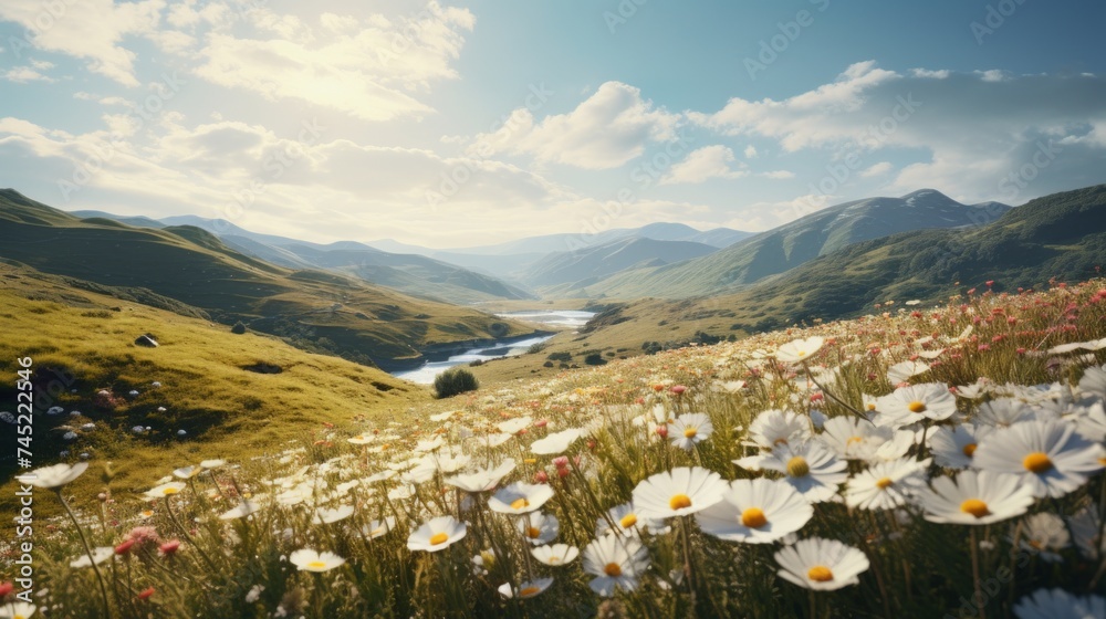 Aufkleber generative ai a hillside landscape featuring a blanket of daisies and poppies amidst spring wildflow