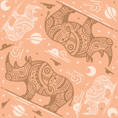 abstract seamless hand drawn peach beige background with rhinoceroses