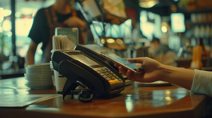 Closeup of a customer using a smartphone or mobile phone to pay at a POS. Small business digitalization and financial services concept.  - obrazy, fototapety, plakaty