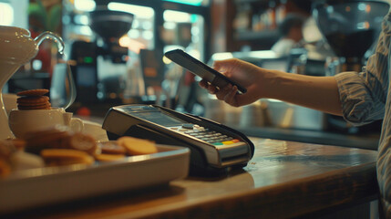 Closeup of a customer using a smartphone or mobile phone to pay at a POS. Small business digitalization and financial services concept.  - obrazy, fototapety, plakaty