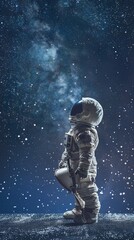 Little astronaut helmet in hand starry backdrop copyspace for dreams and aspirations - obrazy, fototapety, plakaty
