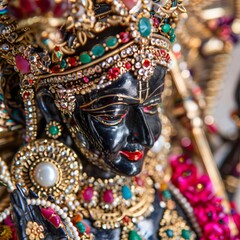 Jeweled Kali statue adorned with colorful gemstones each reflecting an aspect of her complex symbolism radiant in divine splendor