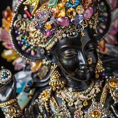 Jeweled Kali statue adorned with colorful gemstones each reflecting an aspect of her complex symbolism radiant in divine splendor