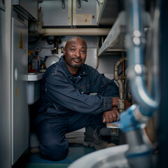 Honest hard working black man, plumber at work.  - obrazy, fototapety, plakaty