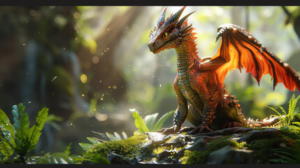 An adventurous dragon exploring a mystical forest full of secrets.