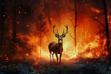 Foto op Aluminium A deer stands in front of a forest engulfed in flames, highlighting the threat of a raging fire to wildlife and the environment © Anoo