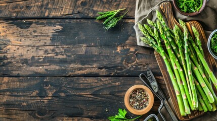 Green asparagus preparation with wooden cooking , rustic background, top view, border. wight style