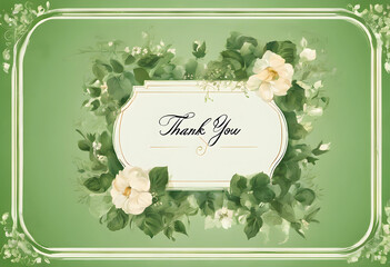 The word THANK YOU in an elegant frame on a green background.