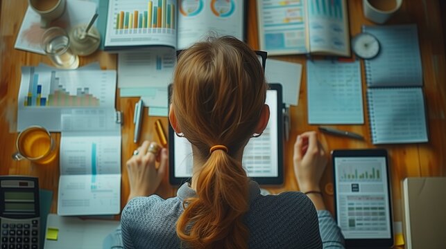 A Conceptual Image Of A Person Analyzing Financial Charts And Graphs On A Digital Tablet Or Laptop, Surrounded By Calculators, Notebooks, And Other Tools For Budgeting And Money Management,