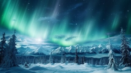 Amazing view of northern lights over snowy mountains and trees in sky