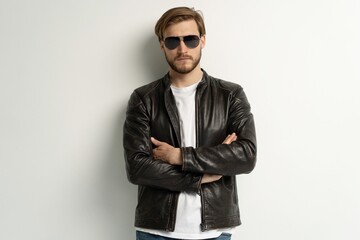 Handsome young man isolated. Fashionable man in leather jacket is standing on white background