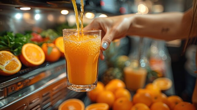 Close up woman hands holding a glass is filling orange juice