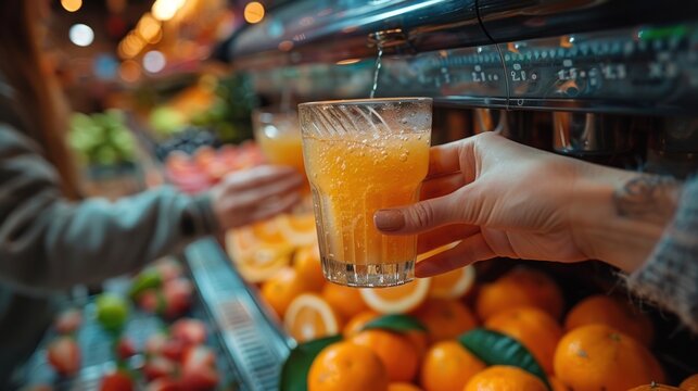 Close up woman hands holding a glass is filling orange juice