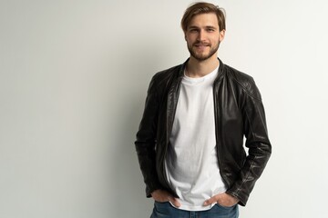 Handsome young man isolated. Fashionable man in leather jacket is standing on white background