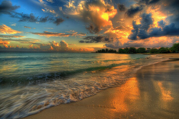 A tranquil beach scene at sunset