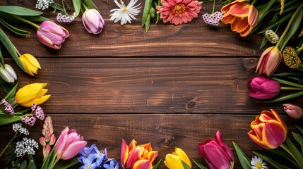 High resolution photo styles, clear image of frame of colorful spring flowers on brown wooden...