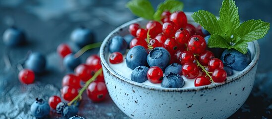 A wooden table is adorned with a bowl overflowing with a mix of fresh red and blue berries.