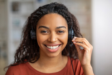 Call Center Operator. Portrait of young black woman in headset