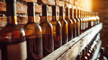 Row of Wine Bottles Displayed on Cellar Shelf - obrazy, fototapety, plakaty
