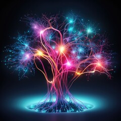 A tree-like neural network glows with an ethereal aura in a celestial dance of blue and pink.