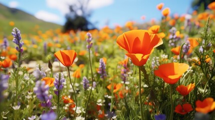 Generative AI A panoramic view of a field filled with California poppies and lupines, a sight of colorful spring wildflowers.