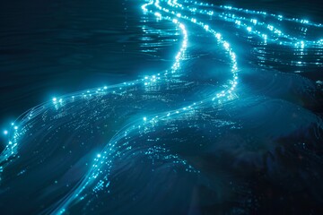 Underwater data cables sprawling across an oceanic abyss bathed in bioluminescent blue symbolizing global connectivity text ready