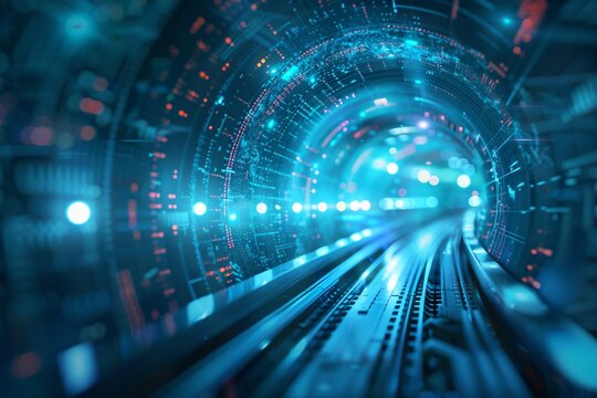 Through the blue hologram portal copyspace on the side a vision of interdimensional travel