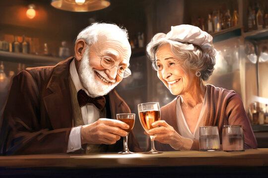 Painting of Older Couple Holding Wine Glasses