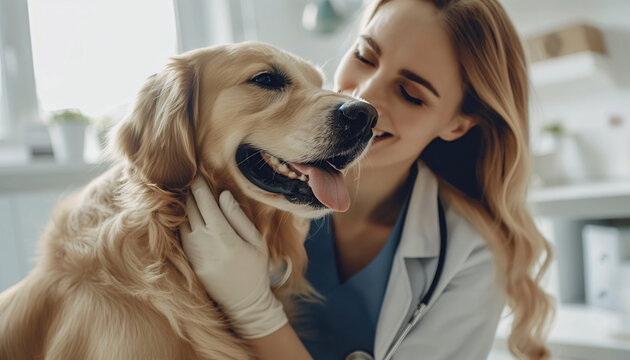 Cheerful Veterinarian Enjoying a Moment with a Golden Retriever in a Bright Vet Clinic
