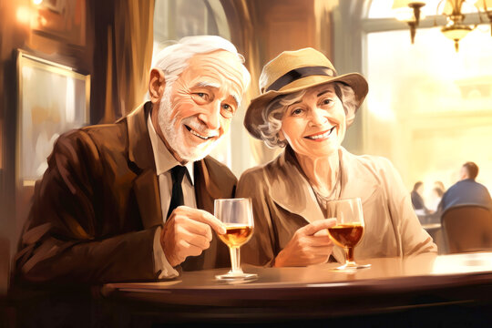 Painting of Elderly Couple Holding Wine Glasses - Artwork Depicting Man and Woman in Conversation