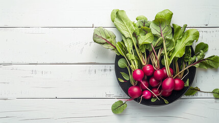 Fresh radishes in a bowl on white wooden background, top view